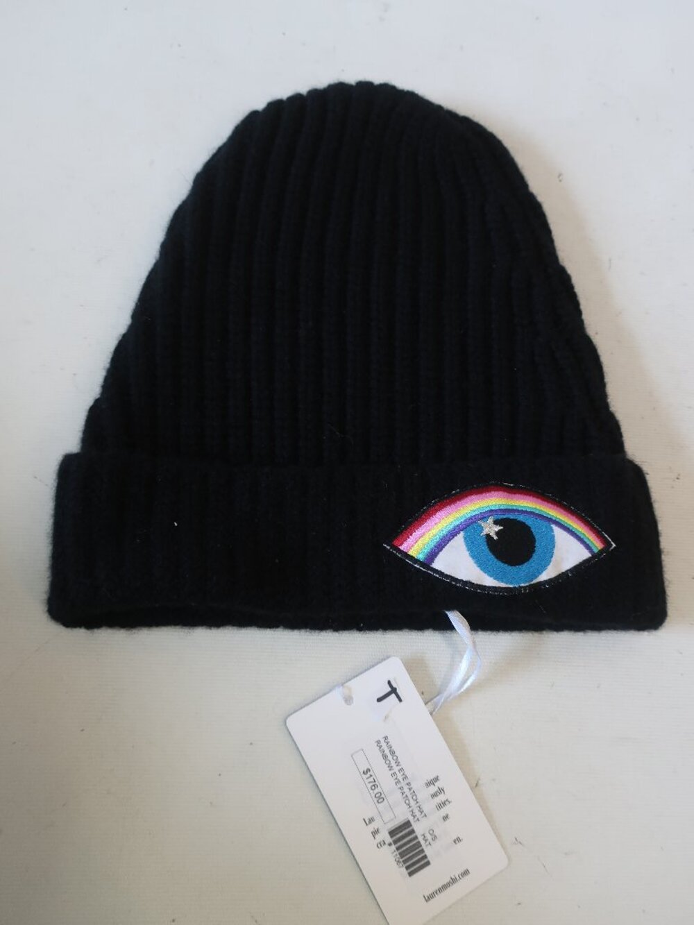 NWT Womens Lauren Moshi 100% Cashmere Black Rainbow Eye Patch Hat O/S